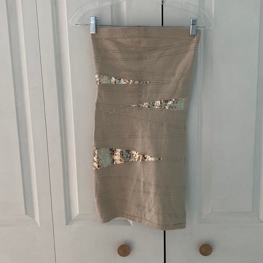 Tan sparkly strapless bodycon dress